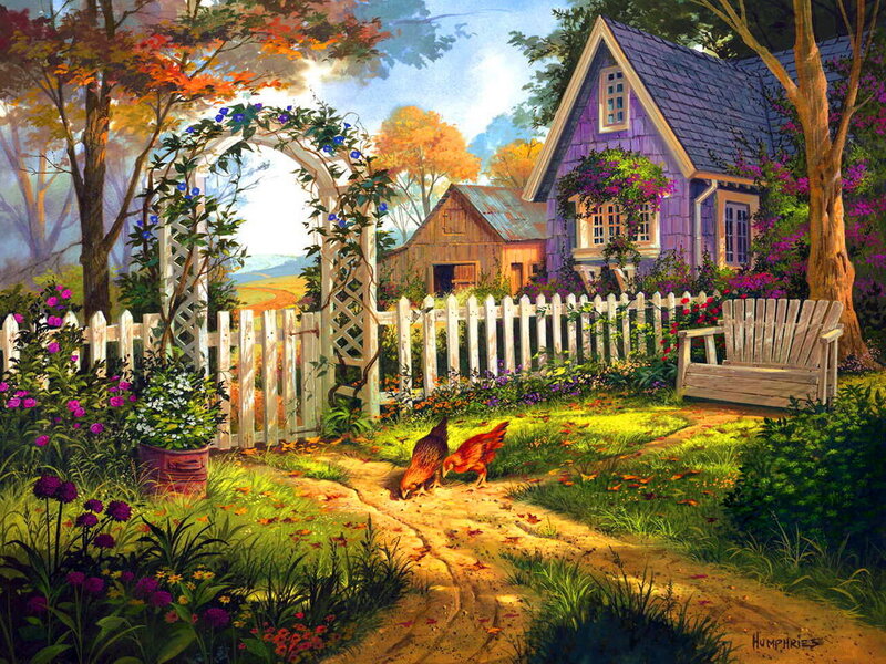 Chickens in Garden — Purple, Serene, Autumn