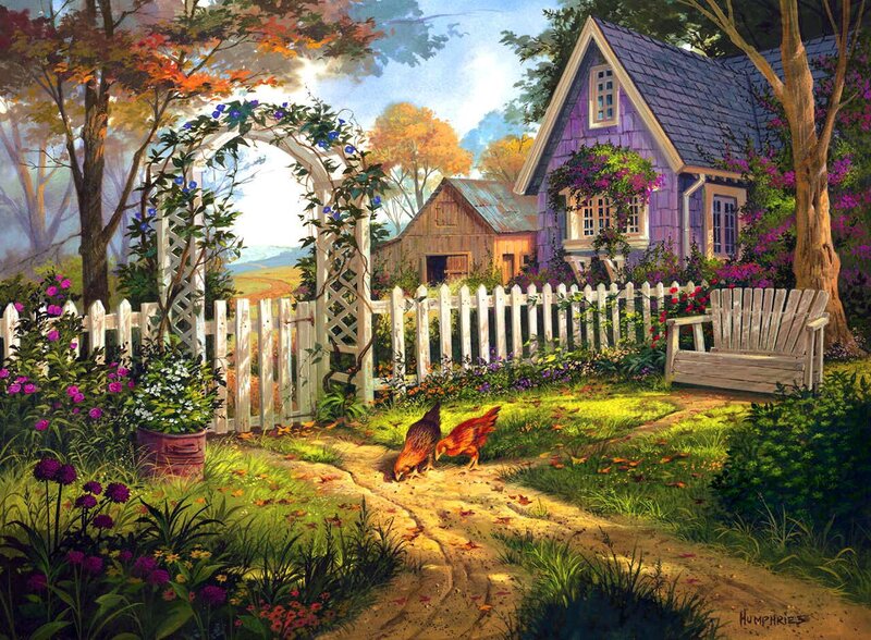 Chickens in Garden — Purple, Serene
