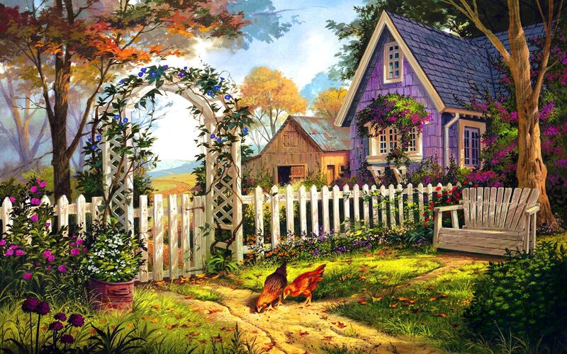 Chickens in Garden — Purple