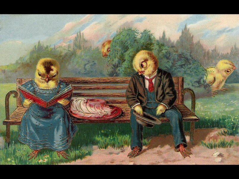 Chickens in Suits on Bench