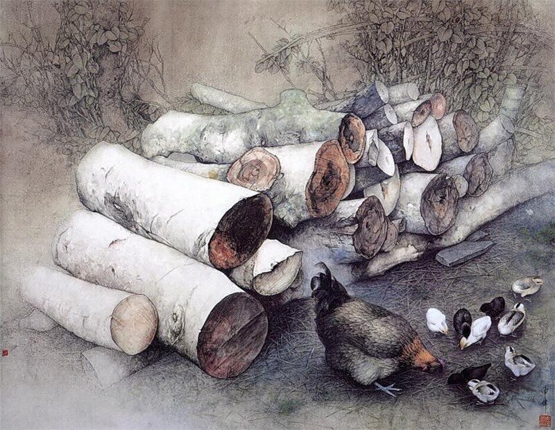 Chickens near a woodpile