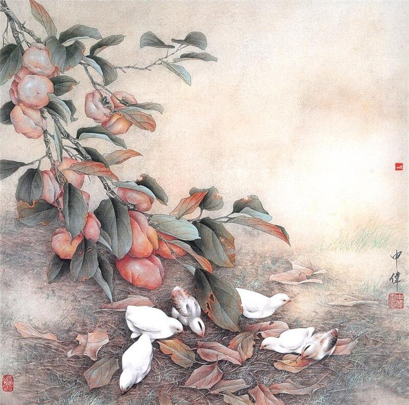 Chickens under a persimmon tree