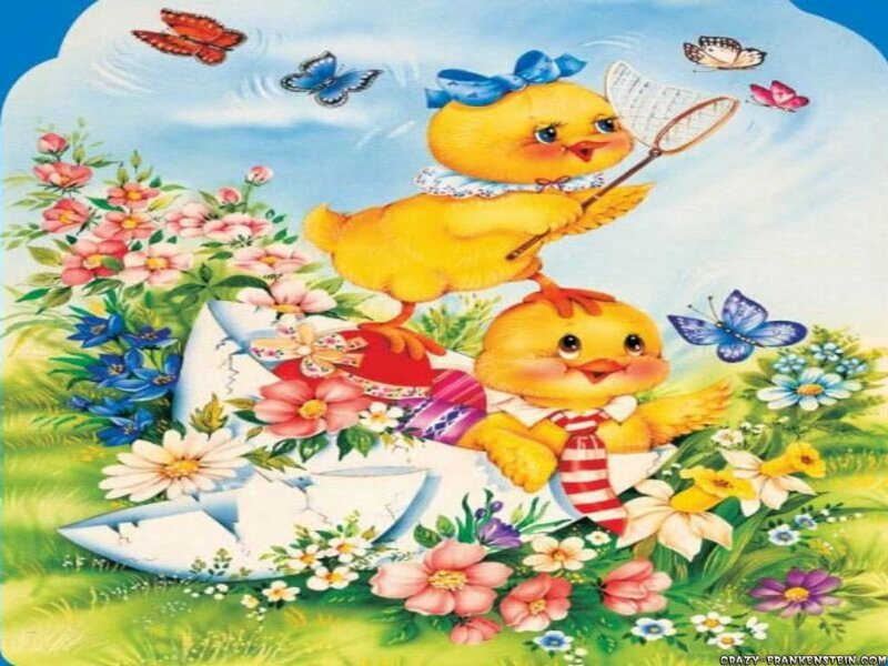 Chicks in a flower garden
