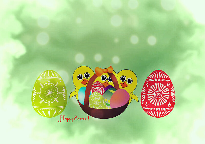 Chicks in Basket with Eggs