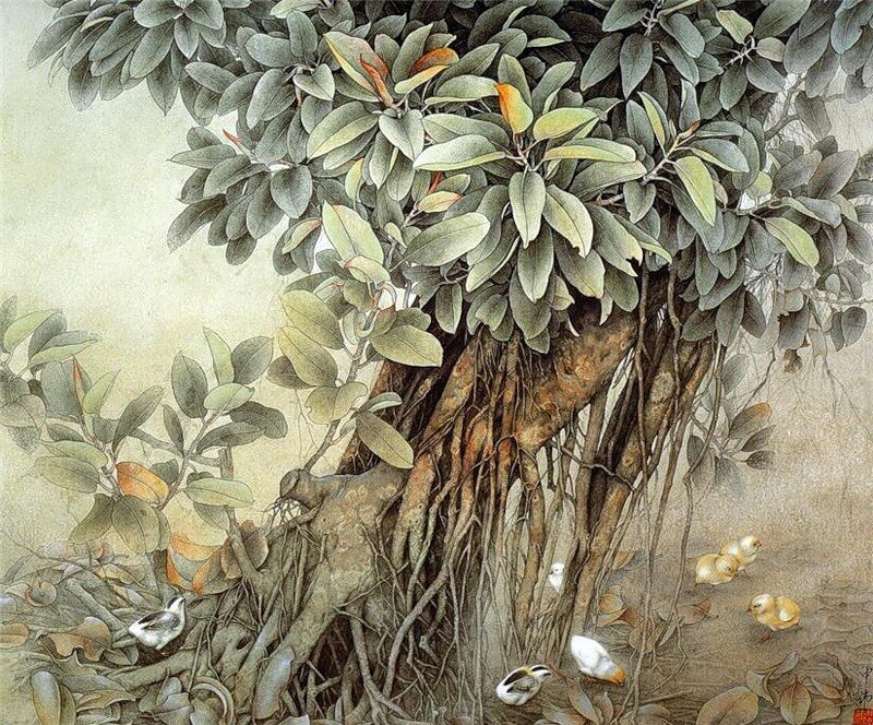 Chicks under a banyan tree