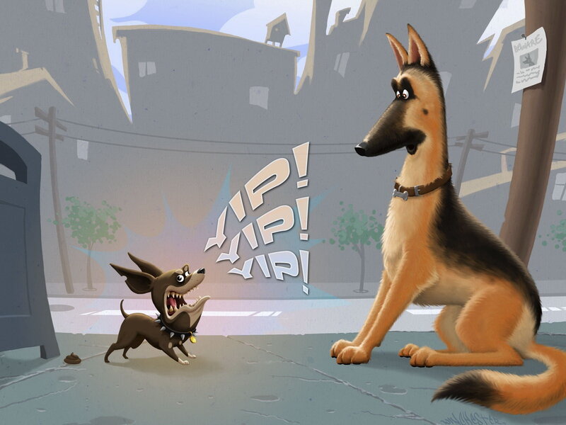 Chihuahua Barking at German Shepherd — Gray