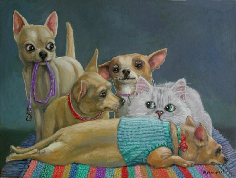 Chihuahuas and Cat on Blanket