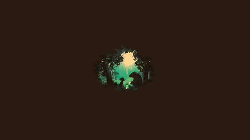 Child and Bear in Forest — Brown