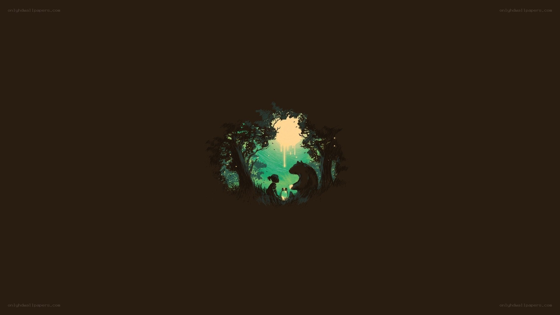 child and bear in forest