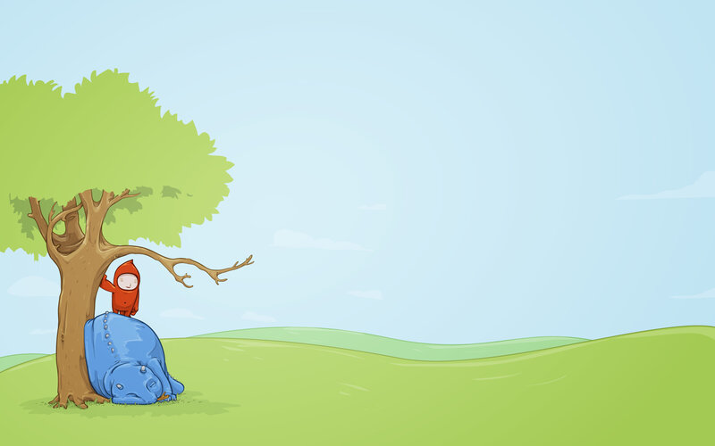 child and blue creature under tree