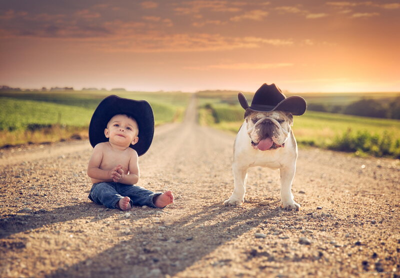Child and Bulldog on Road