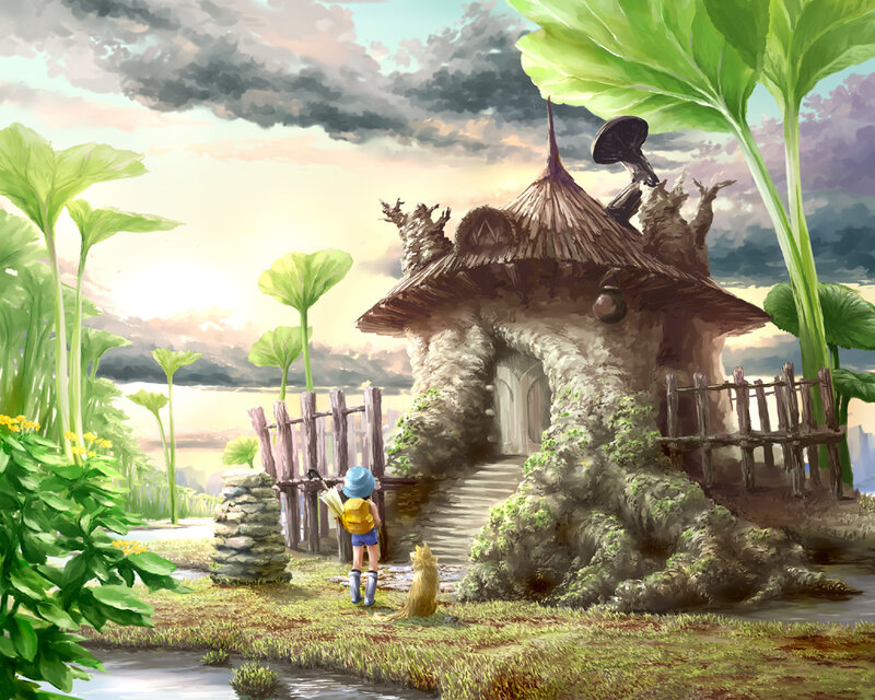 child and cat at mushroom house