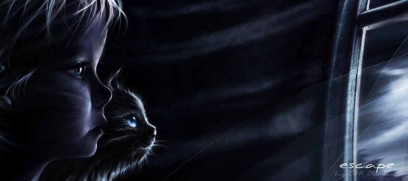 Child and Cat at Window — Black