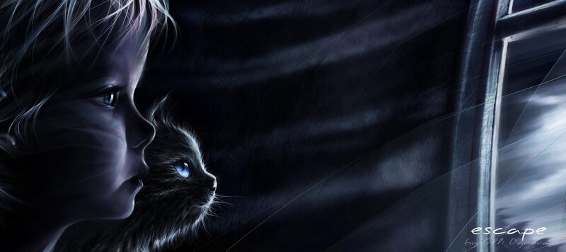 child and cat at window