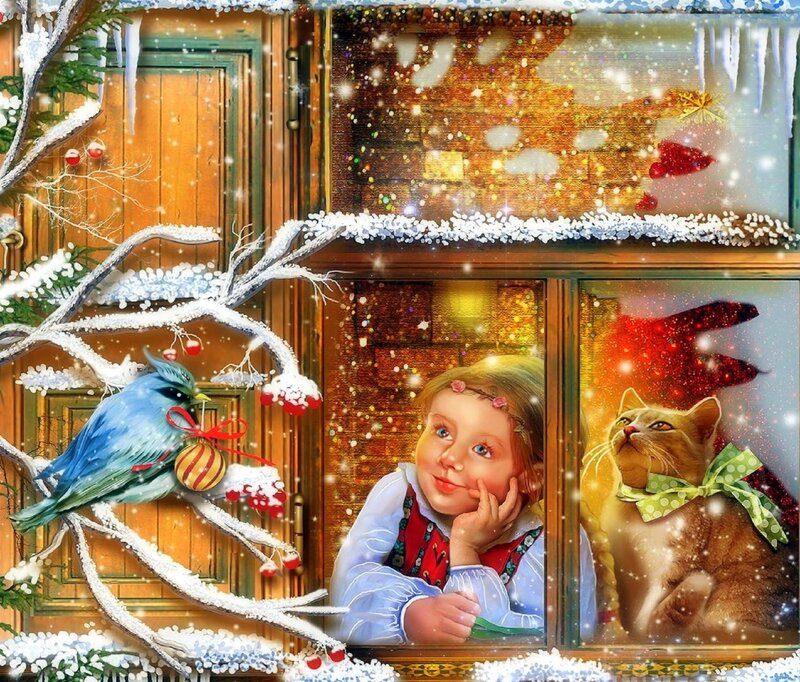 Child and Cat at Window — White