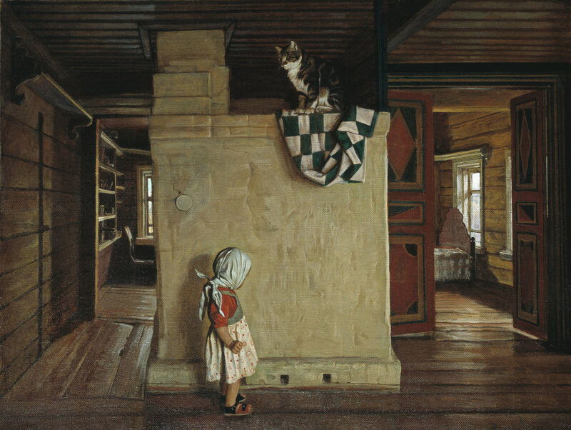 Child and cat in a wooden house