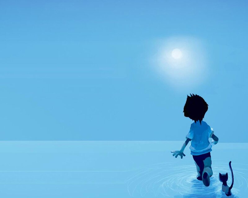 child and cat in water
