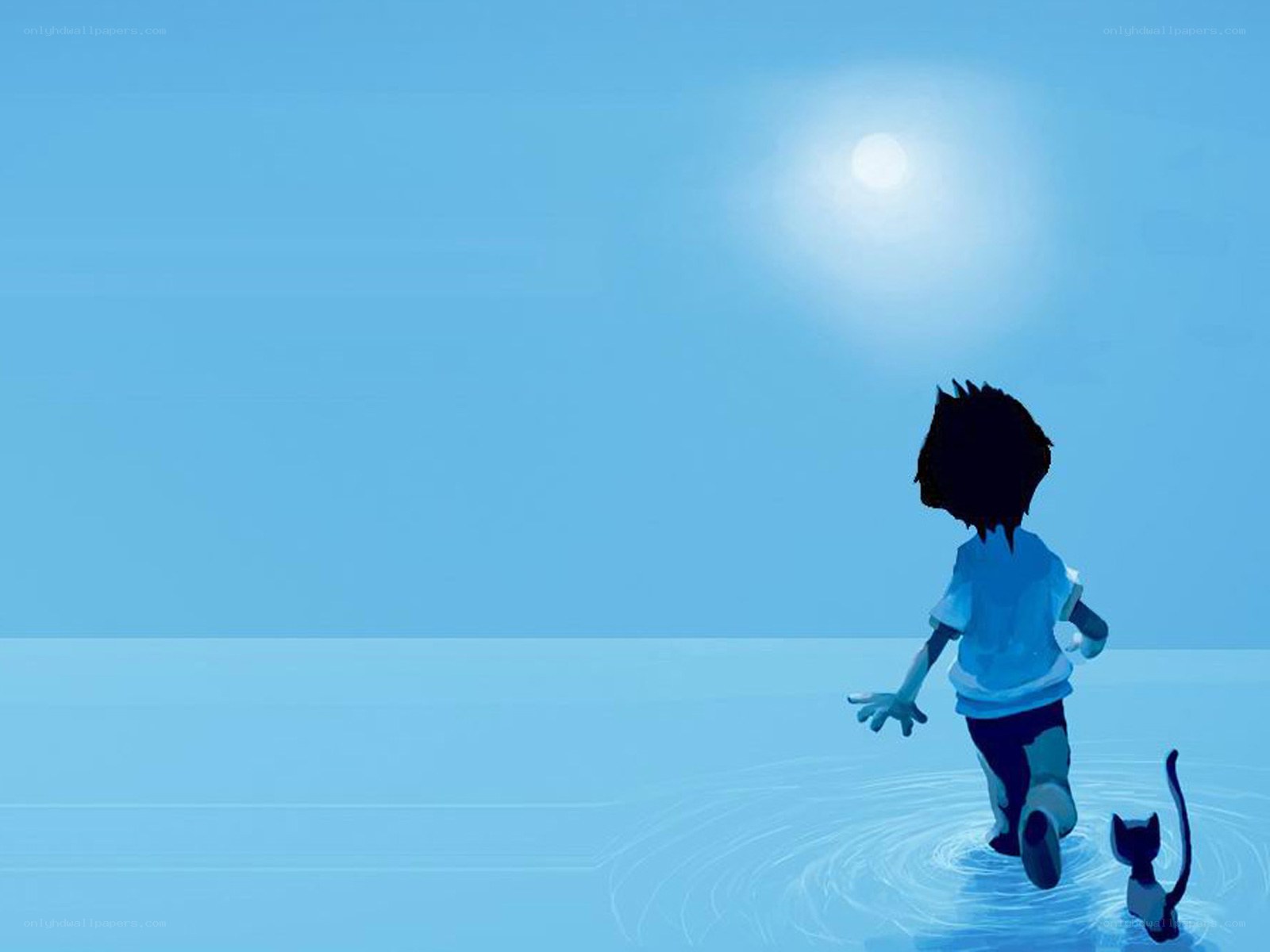 child and cat in water