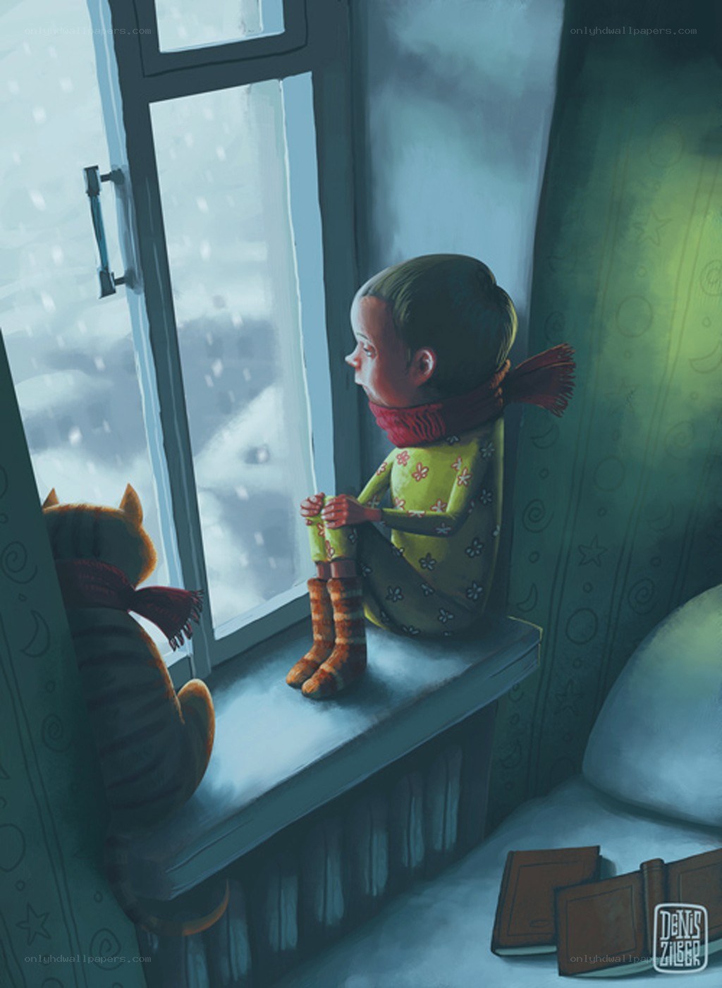 child and cat watching snow