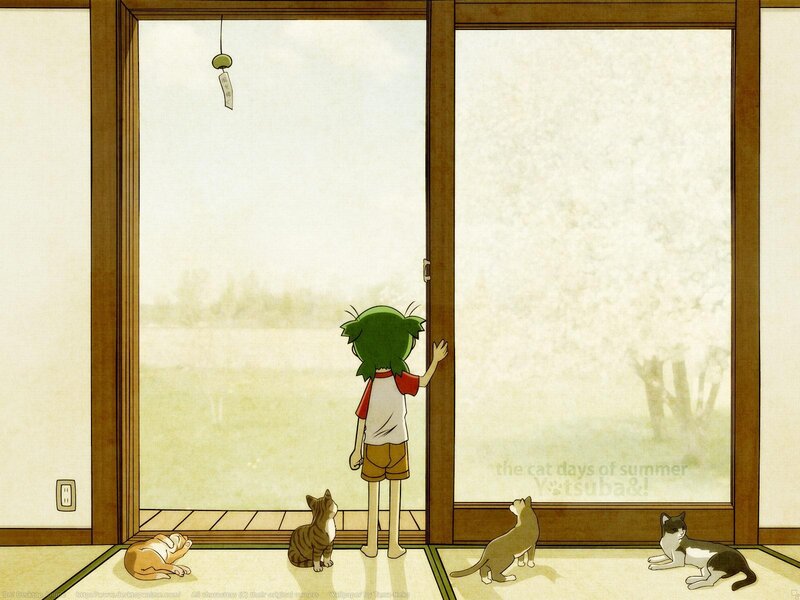 child and cats at sliding door
