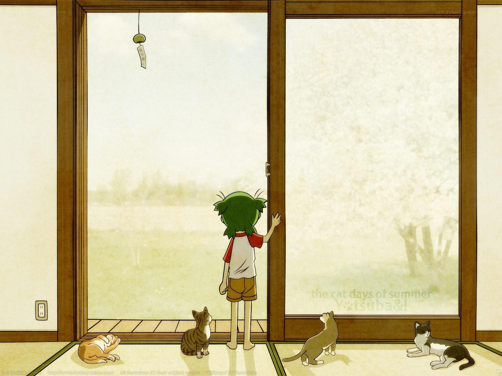 child and cats at sliding door