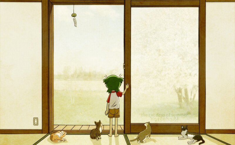 child and cats at sliding door