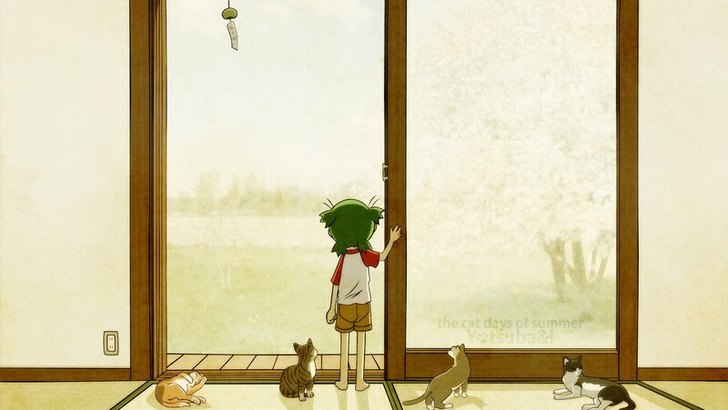 child and cats at sliding door