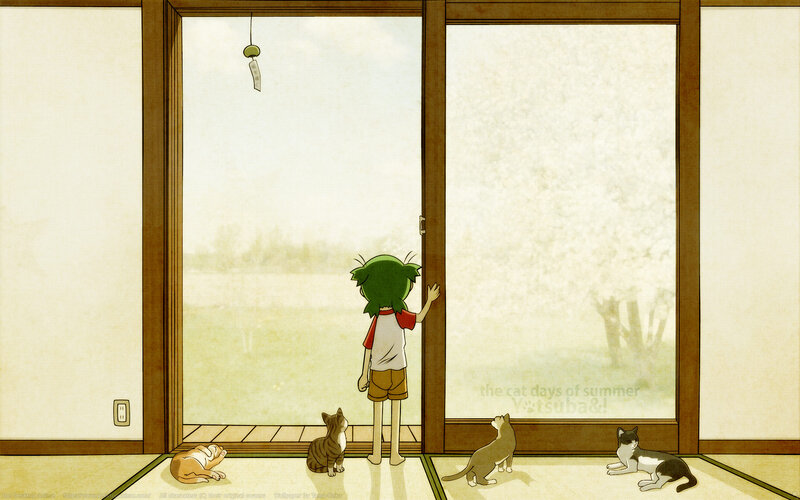 child and cats by sliding door