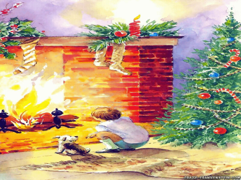 Child and Dog by Fireplace