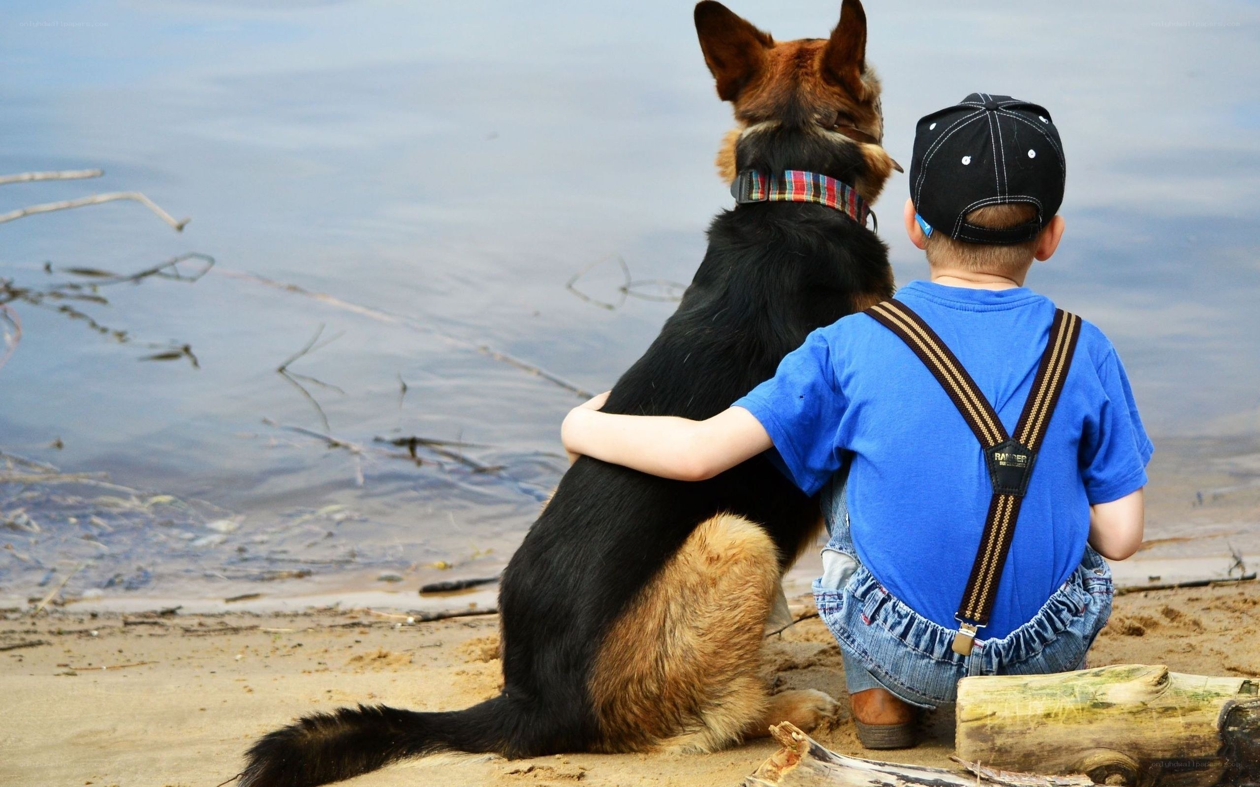 child and dog by the water