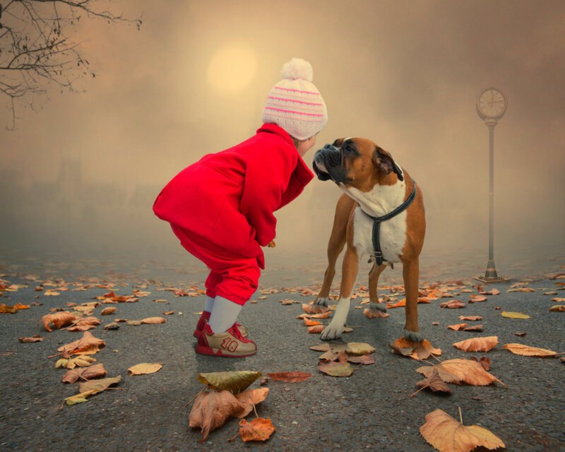 Child and Dog in Autumn — Red