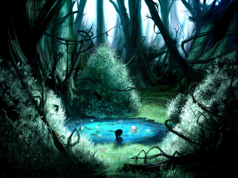 child and dog in forest pond