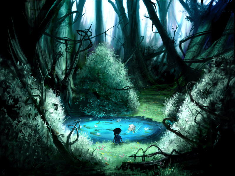 Child and dog in forest pond