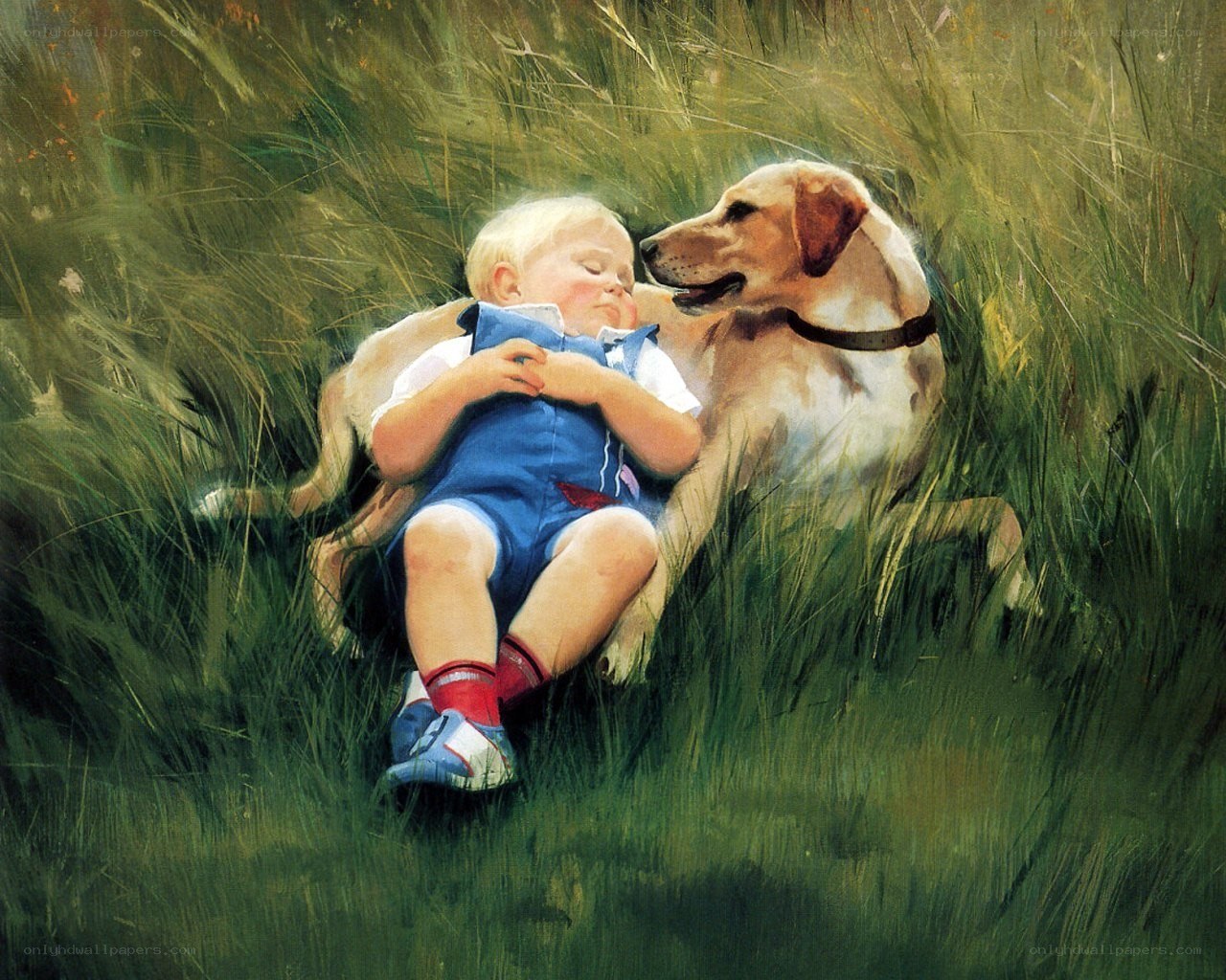 Child and dog in grass