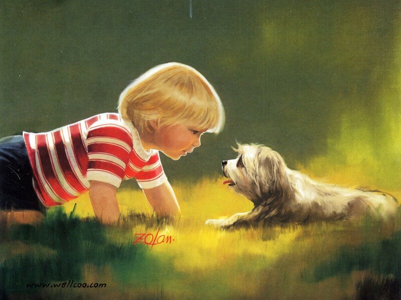 Child and Dog in Grass — Green, Peaceful, Afternoon, Painting, Yellow
