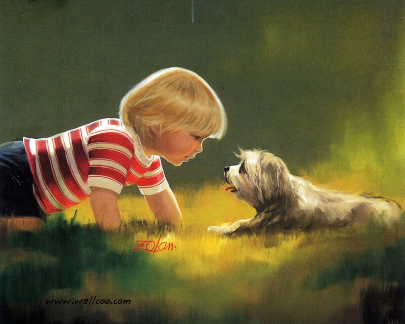 Child and Dog in Grass — Green, Peaceful
