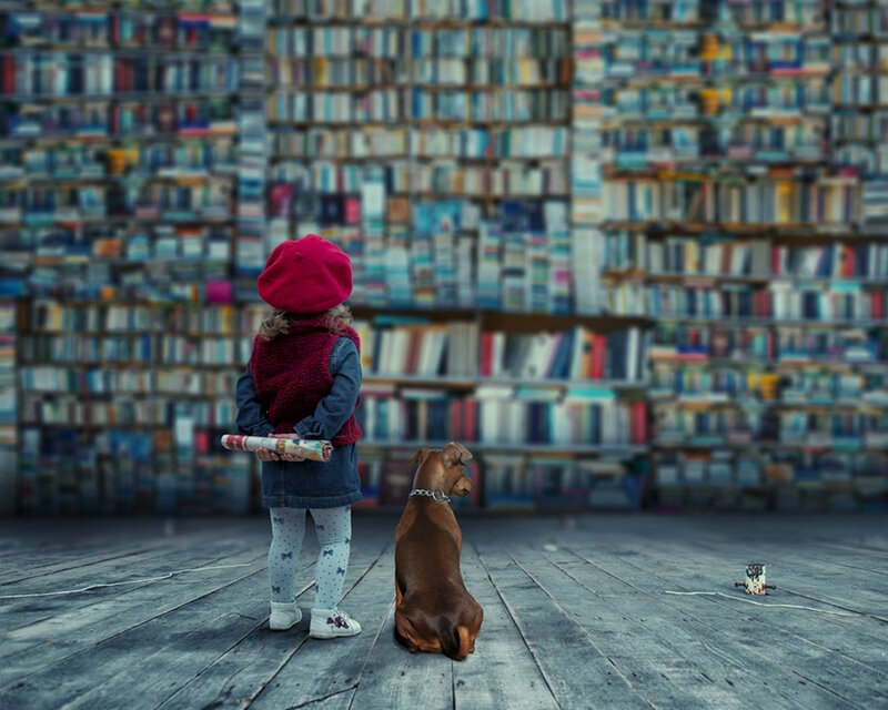 Child and Dog in Library