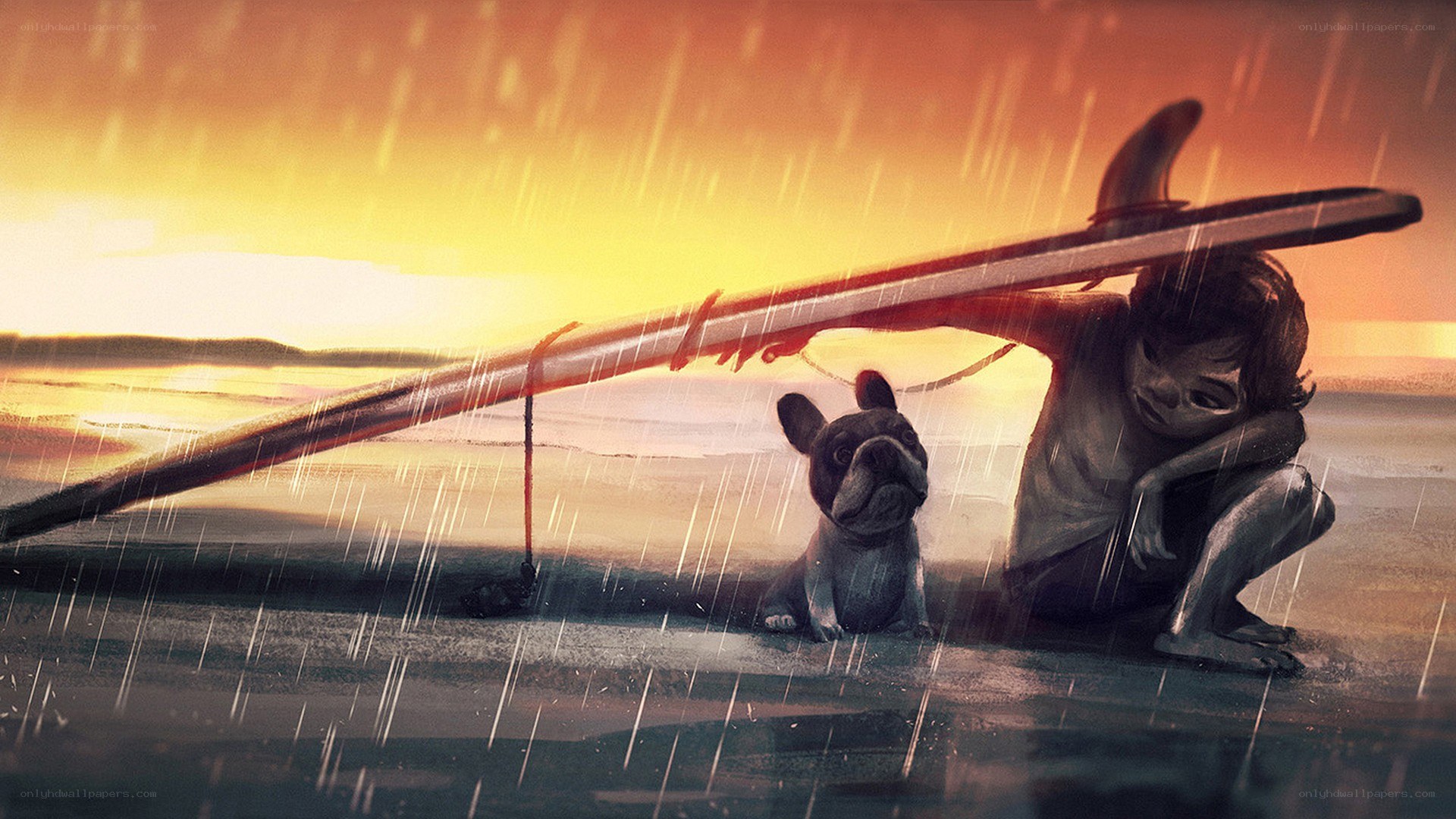 child and dog in rain