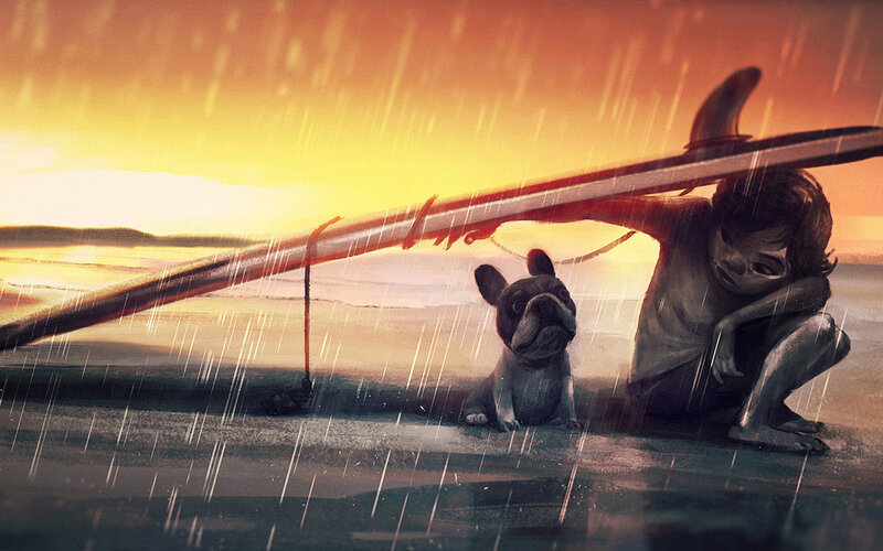Child and Dog in Rain — Orange