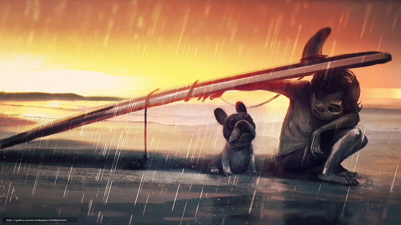 Child and dog in rain