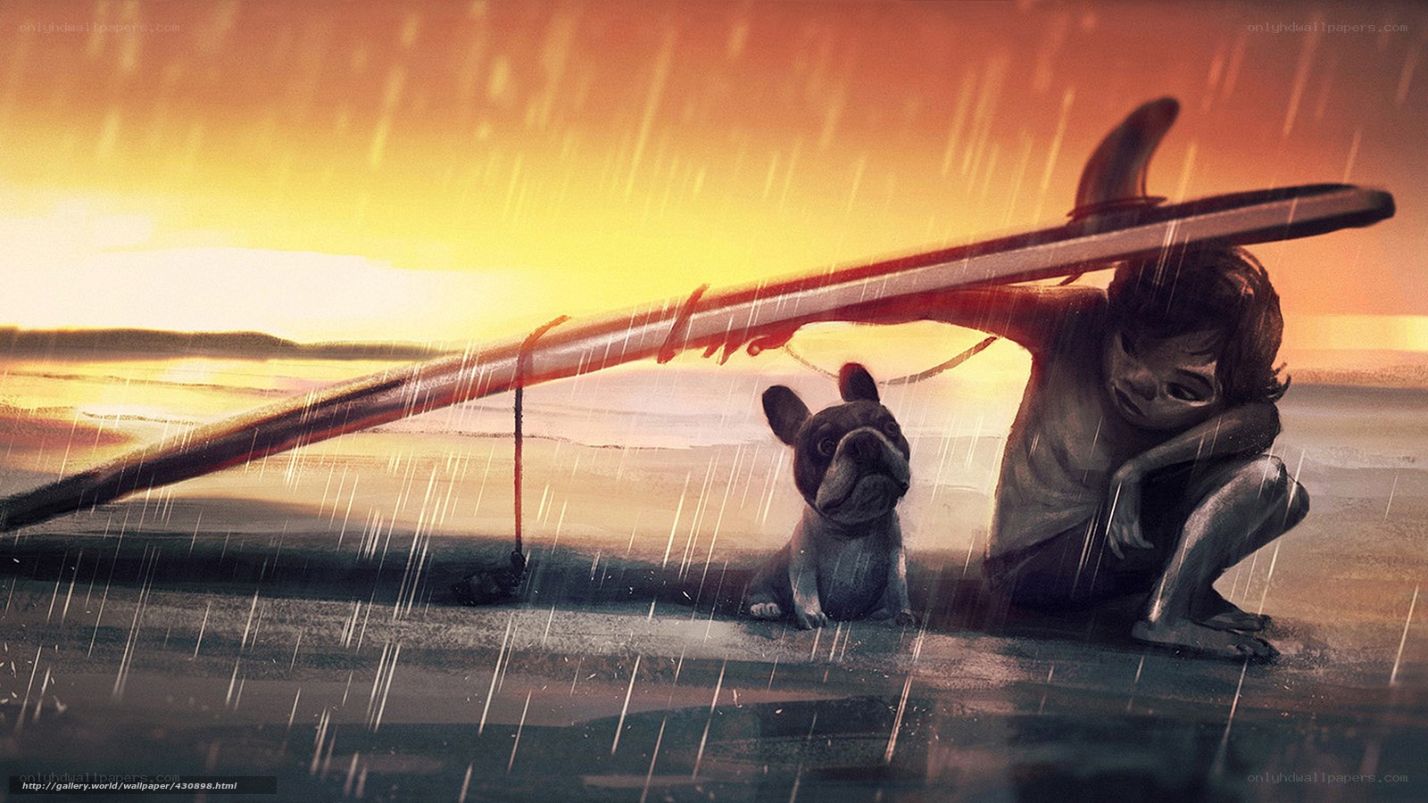 Child and dog in rain
