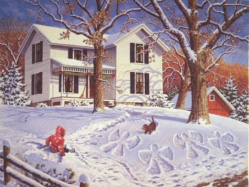 Child and Dog in Snow