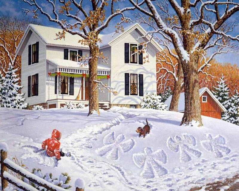 Child and Dog in Snow — White, Peaceful