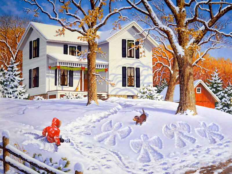 Child and Dog in Snow — White, Peaceful, Winter