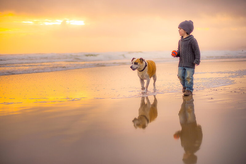 Child and Dog on Beach — Orange