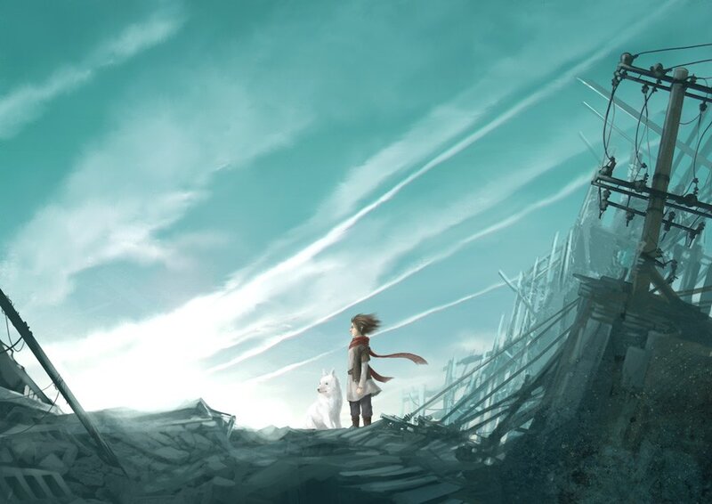 child and dog on ruins