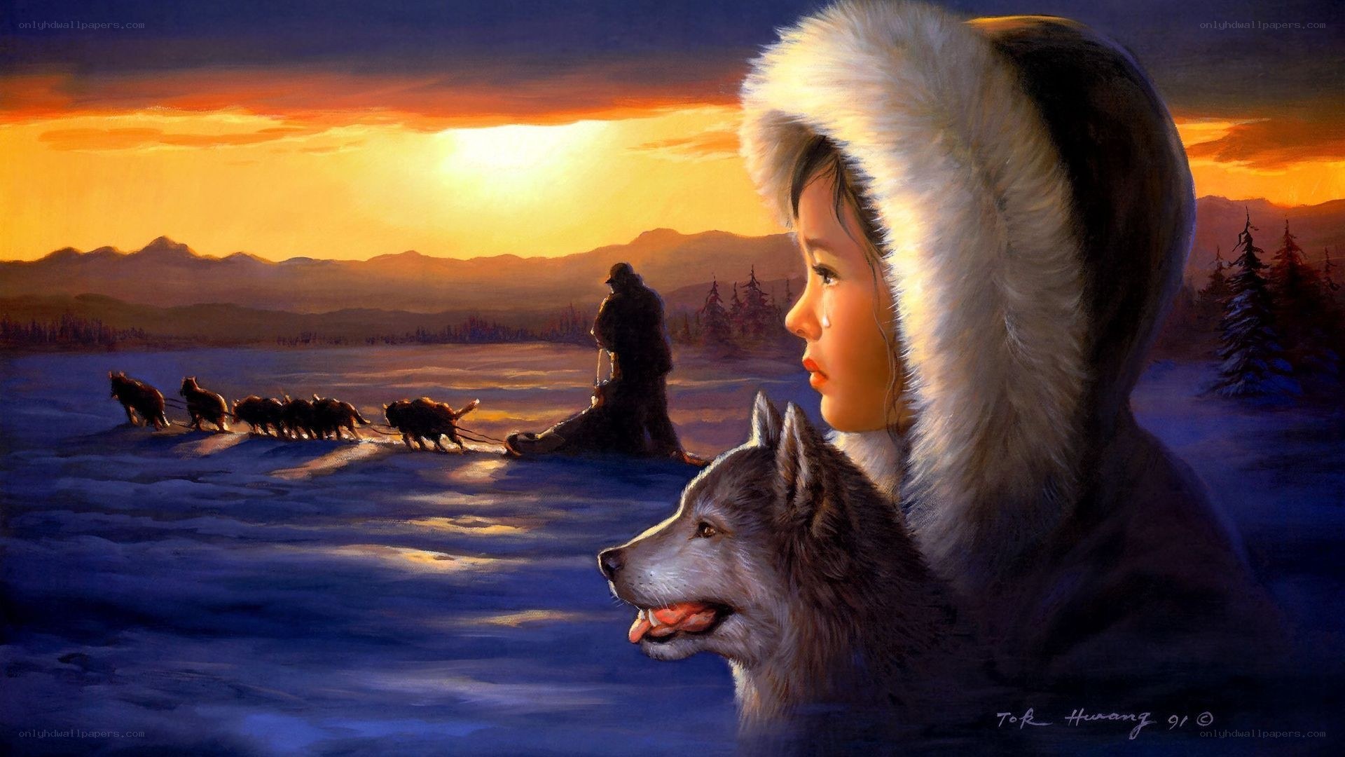 Child and dog on sled at sunset