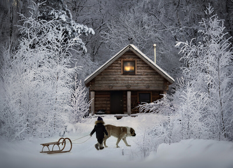 Child and Dog Pulling Sled