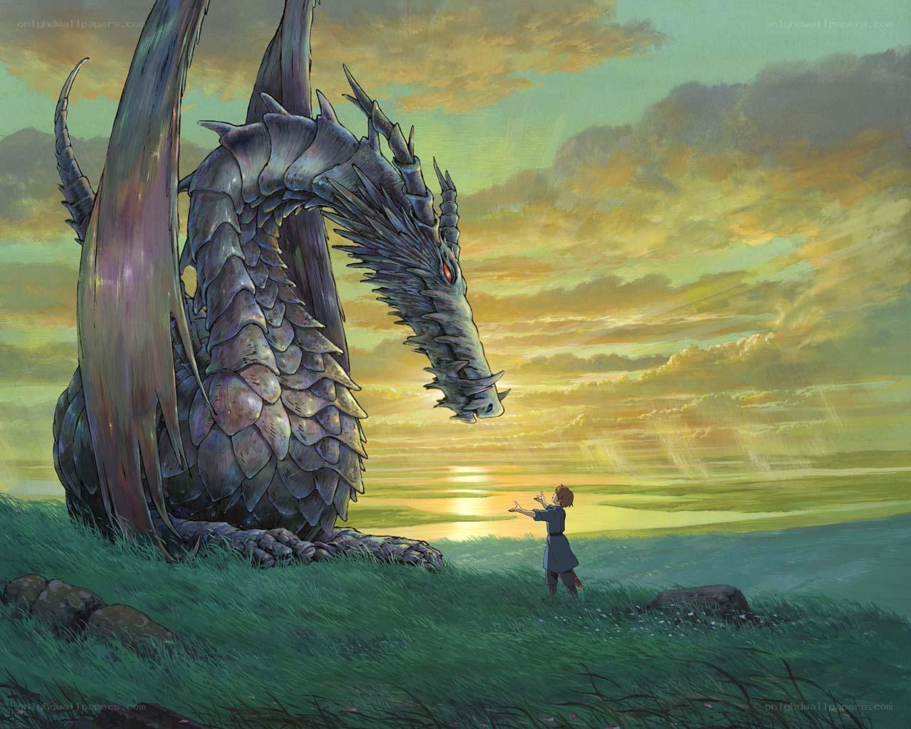 child and dragon at sunset