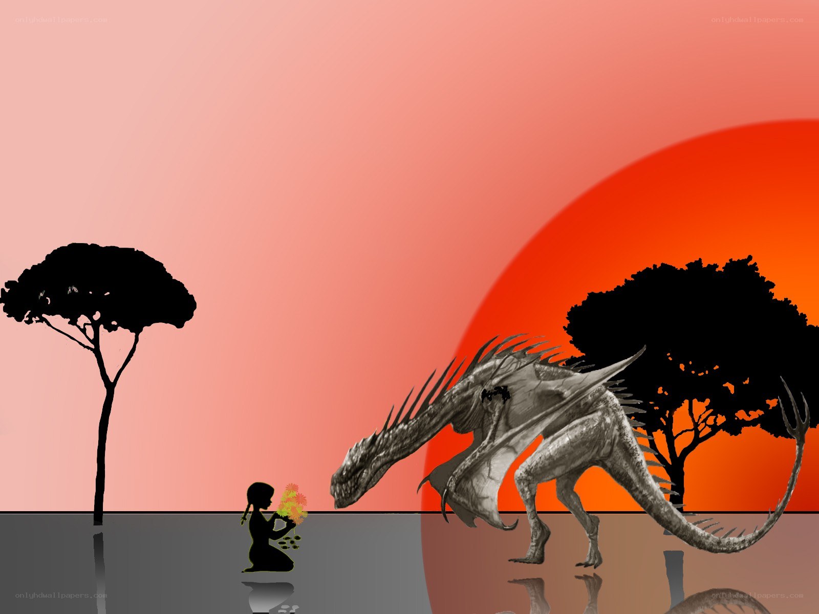 child and dragon at sunset